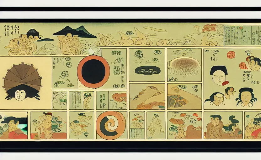 Image similar to business dashboard with time series charts, pie plots and other modern graphics, with small creatures with many eyes. diego rivera ( with slight ukiyo - e influence ). ravi supa.