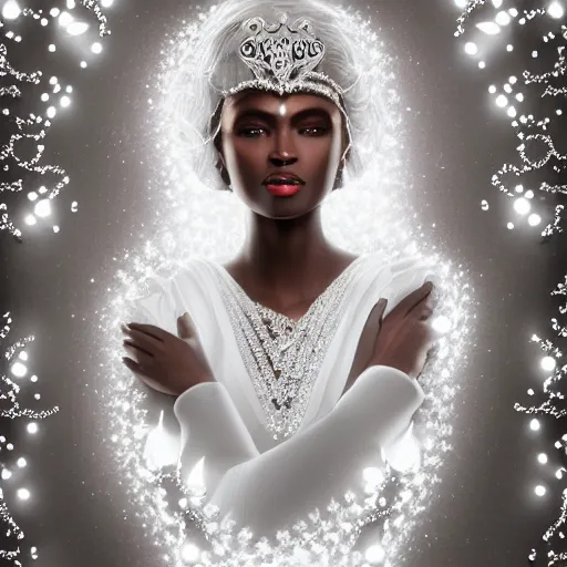 Image similar to portrait of wonderful princess of white diamonds with dark skin, white flowers, ornate with white diamonds, 8 k, gorgeous, intricate, detailed, glowing white accent lighting, dramatic lighting, octane render