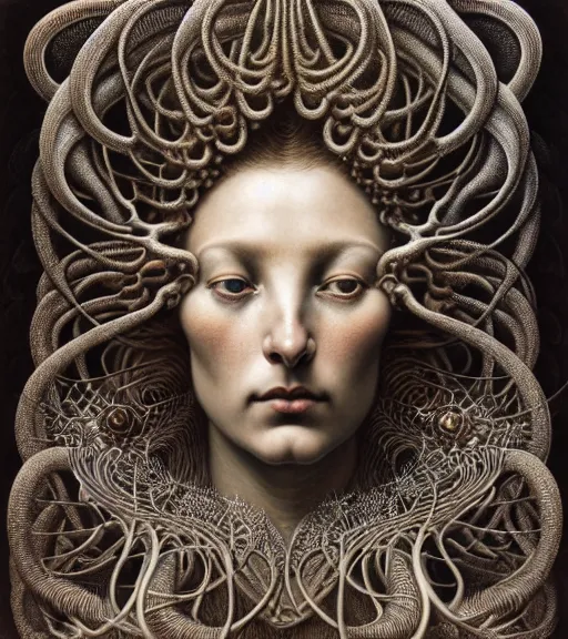 Image similar to detailed realistic beautiful almandine goddess face portrait by jean delville, gustave dore, iris van herpen and marco mazzoni, art forms of nature by ernst haeckel, art nouveau, symbolist, visionary, gothic, neo - gothic, pre - raphaelite, fractal lace, intricate alien botanicals, biodiversity, surreality, hyperdetailed ultrasharp octane render