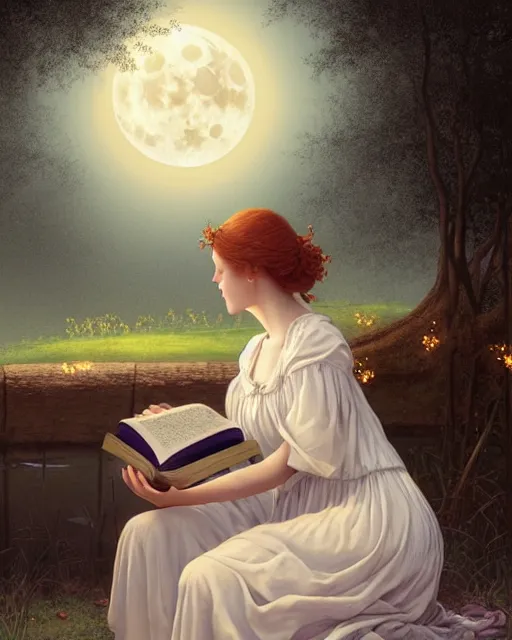 Image similar to girl in white nightgown reading a book by the river, a full moon on the horizon, dark starry sky, dreamy fantasy ambience with golden orbs and fireflies, detailed gothic illustration bright moon light, by edmund blair leighton, brom, charlie bowater, trending on artstation, faces by tom bagshaw, otto schmidt