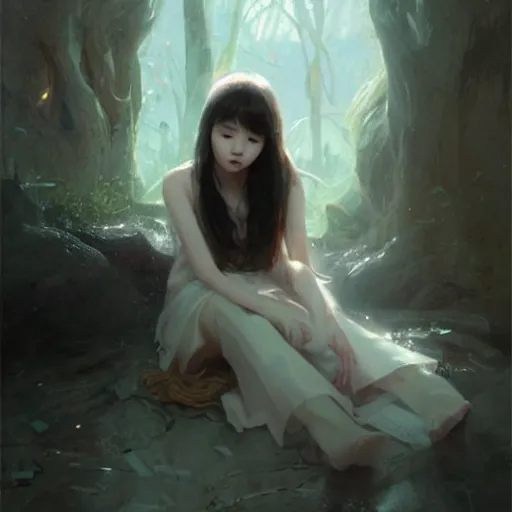 Image similar to IU, Korean Idol, Korean Artist, very detailed, digital art, concept art, studio quality, ethereal, art style by Greg Rutkowski