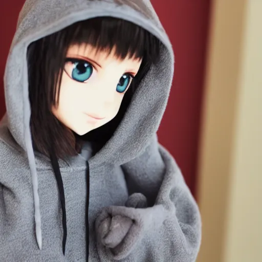 Image similar to cute fumo plush of a casually dressed girl in a grey hoodie