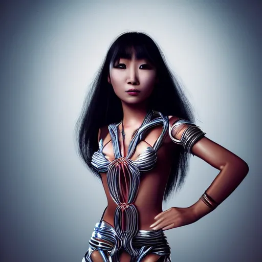 Prompt: a portrait of A full body beautiful futuristic hula dancer asian girl, young with long hair, hyper-realistic, very detailed, intricate, very sexy pose, slight smile expression, photo realistic, dramatic cinematic lighting, octane render, 4k, ultra detailed