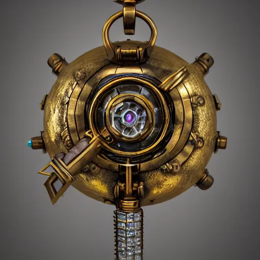 Image similar to steampunk amulet with diamond jewel and small steam tubes, volumetric lightning, octane render, realistic fog, extremely high detailed