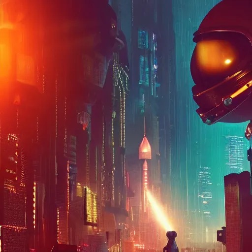Prompt: professional photo of astronaut from low angle shot with cyberpunk city on background, blade runner, hyperrealistic masterpiece, trending on artstation, cgsociety, kodakchrome, golden ratio, cinematic, composition, beautiful lighting, hyper detailed, sharp focus, octane render, 4 k, unreal engine