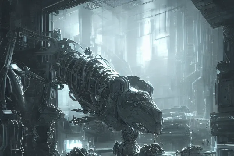 Image similar to robosaurus parallax datacenter server room interior single mono colossus white rusty robot sitting artstation cinematic detailed concept art volumetric light sharp coherent cgsociety symmetric perfect well balanced shadows lotr technogoddess simonetti