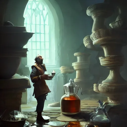 Prompt: An Alchemist inspecting a potion in his hand by Greg Rutkowski, 4k photorealistic, volumetric lighting, HD, high details, dramatic, trending on artstation