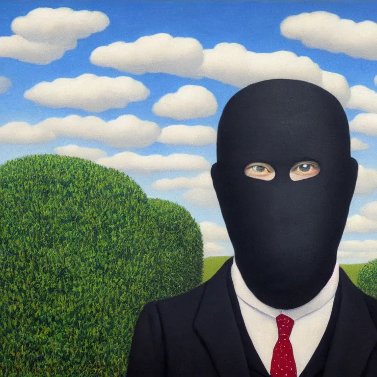 Prompt: portrait of a faceless masked - head man in a suit, clouds and nature landscape in the background, by rene magritte, detailed painting, distance, centered, hd, hq, high resolution, high detail, 4 k, 8 k