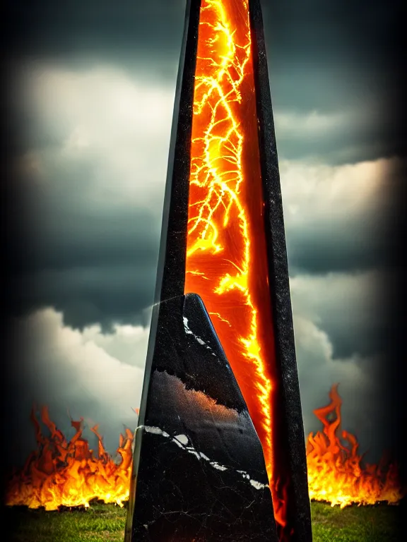 Prompt: savage electric flames engulfing an obsidian obelisk, rococo, smoky, beautiful, mythical, mystical, highly detailed, hyperrealistic, energy, low light, high contrast, lifelike, bright sky