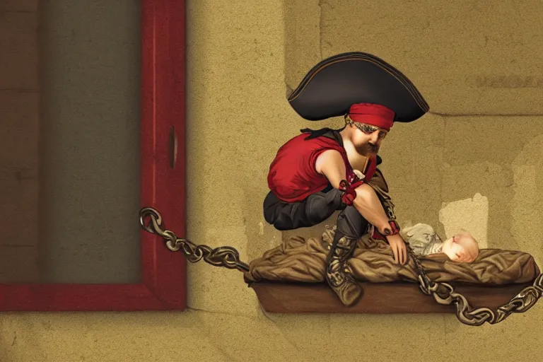 Prompt: aesthetic digital illustration of a pirate wearing a ball and chain, sitting at n a cot under a barred window