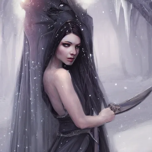 Image similar to beautiful girl, whimsical portrait, ice magic, long face, sharp features, dark hair, dark robe, intricate, elegant, highly detailed, cgsociety, trending on artstation, dnd, castle background, warm light, concept art, illustration