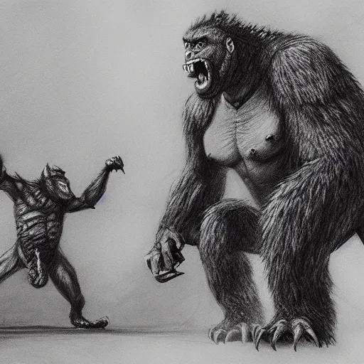 Image similar to Godzilla Fighting King Kong, beautiful, pencil sketch, HD,highly detailed