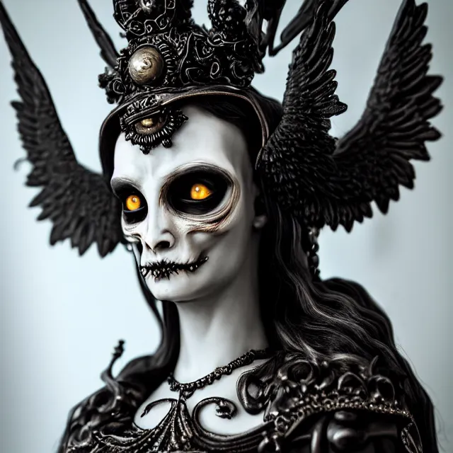 Image similar to centered portrait, close up, candid photography, goddess of death, by anne stokes, updo, highly detailed, accurate