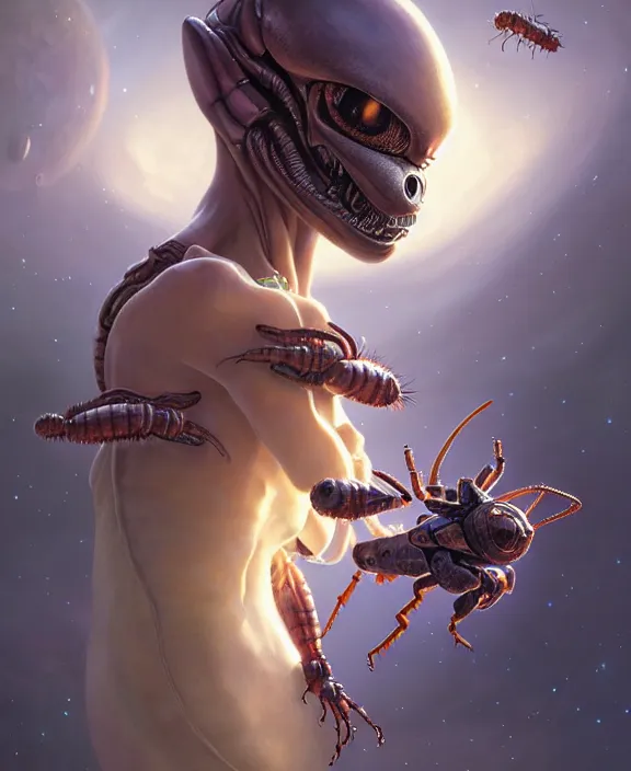 Image similar to portrait of a alien insect monster, adorable, childlike, milky way environment, ultra realistic, concept art, intricate details, cheerful, highly detailed, photorealistic, octane render, 8 k, unreal engine. art by christopher marley and artgerm and greg rutkowski and alphonse mucha