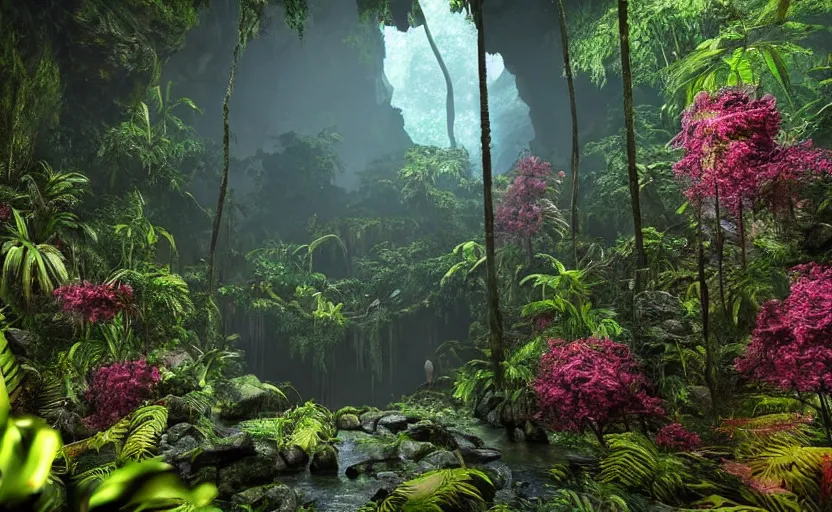 Image similar to a beautiful render of a dark prehistoric rainforest in a humongous cave, lush flora, patches of sky, magenta flowers, sunset, floating mountains and a waterfall in the background, intricate detail, hazy, humid, volumetric lighting, 8 k, photorealistic, raytracing effects, unreal engine 5