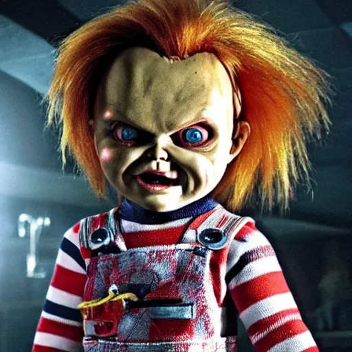 Image similar to Chucky the killer doll from the movie Child's Play demonic scary creepy movie still 8k hdr scary lighting