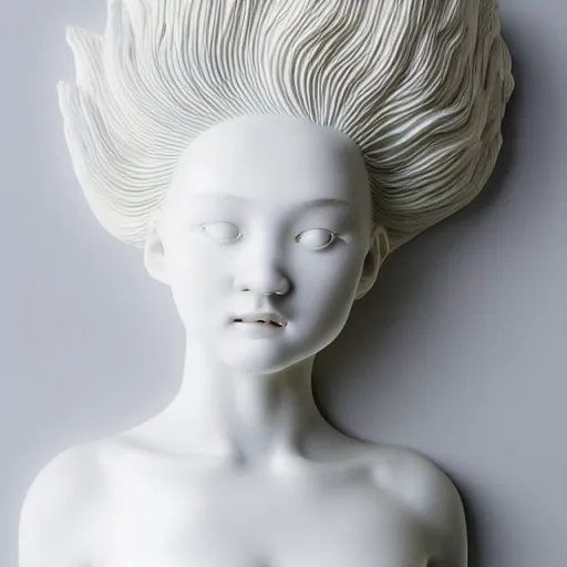 Prompt: full head and shoulders, beautiful female porcelain sculpture, smooth, all white features on a white background, delicate facial features, white eyes, white lashes, detailed white, lots of deep blue hair in a winding hairstyle on the head, giant statue in the desert by daniel arsham and james jean