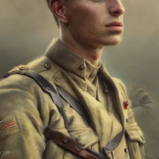 Prompt: a dramatic epic ethereal portrait of a WWI soldier, young male, detailed face, cinematic lighting, highly detailed oil on canvas painting by Greg Rutkowski, winning-award digital art trending on Artstation H 1024 W 832