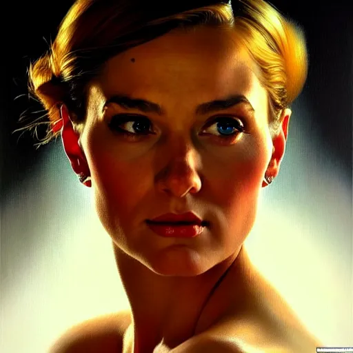 Image similar to close up face of a extremely beautiful bond female vam pire portrait, masterpiece, oil on canvas, artgerm, norman rockwell, craig mulins, trending on pxiv,