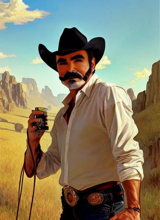 Image similar to burt reynolds wearing cowboy hat, painting by artgerm and greg rutkowski and alphonse mucha