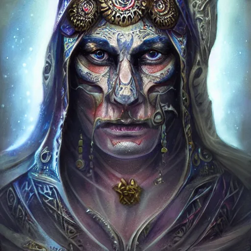 Image similar to an Artstation 3d render of Very very very very highly detailed beautiful mystic face of a phantom warrior with galaxy, tattoos by Anton Pieck, intricate, extremely detailed, digital painting, artstation, concept art, smooth, sharp focus, illustration, intimidating lighting, incredible art,