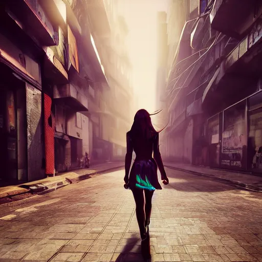 Prompt: a beautiful picture of a girl walking in a cyberpunk street by aurahack, low angle shot, cinematic, colorful, trending on artstation