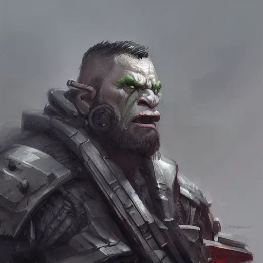 Prompt: Portrait of a man by Greg Rutkowski, a half orc marine with short hair, tall and strong, heroic attitude, wearing tactical gear, highly detailed portrait, scifi, MMORPG, digital painting, artstation, concept art, smooth, sharp foccus ilustration, Artstation HQ