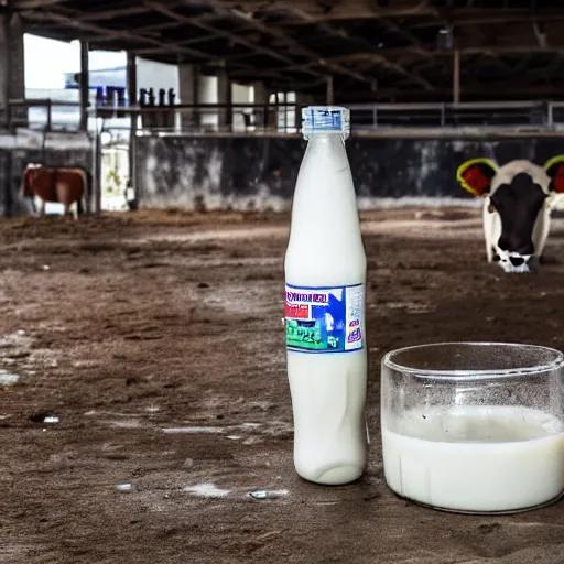 Image similar to dirty bottle of milk and a cow inside slaughterhouse