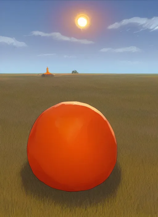 Prompt: cartoon of a giant orange object in the middle of a field, concept art by moebius, artstation, context art, 2 d game art, concept art, sci - fi