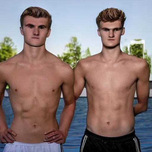 Image similar to a realistic detailed photo of a guy who is an attractive humanoid who is half robot and half humanoid, who is a male android, soccer players martin ødegaard & timo werner, shiny skin, posing like a statue, blank stare, by the pool, on display, showing off his muscles