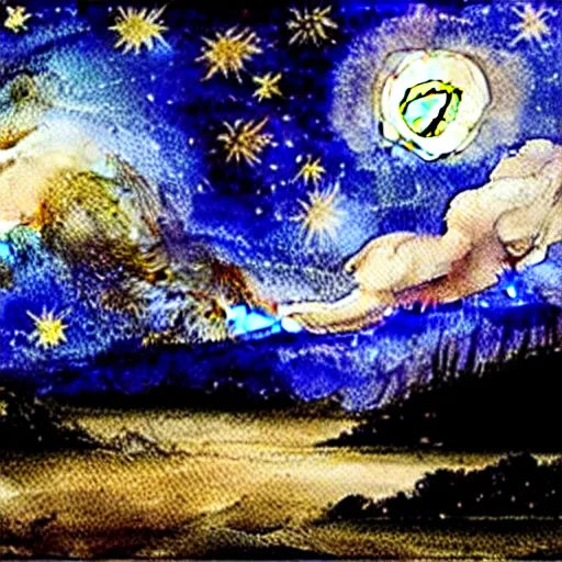 Prompt: a variety of sparkly landscapes at night with stars and a full moon, by bob ross, by leonardo davinci, watercolor, wet on wet, on canvas, starry night