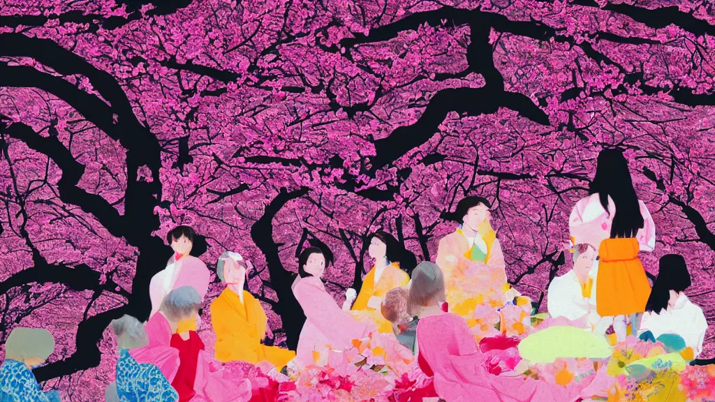 Image similar to close - up, of a woman in a small group of people flower viewing sakura picnic, japan, a collage painting, in the style of wes anderson, lola dupre, david hockney, isolated on negative white space background dark monochrome neon fluorescent spraypaint accents volumetric octane render