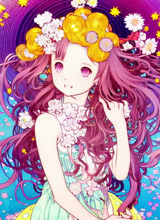 Image similar to exquisite imaginative manga poster art of a smiley girl, long wavy hair, stars, flowers, lolita dress, shimmering, by kojima ayami, shigenori soejima, minaba hideo, alphonse mucha, jump comics, shogakukan, art nouveau, illustration, artstation, highly detailed, 8 k, fluorescent, maximalist