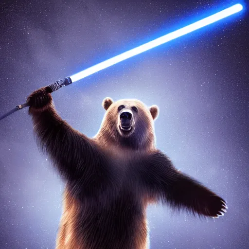 Image similar to portrait photo of a bear as a jedi, blue and yellow lighting, dark, cinematic, high quality, 4 k