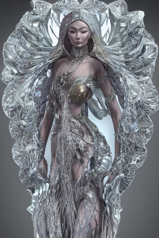 Prompt: a highly detailed medium shot 8 k render portrait of an alien goddess gigi hadid in iris van herpen dress schiaparelli in diamonds and jewelry in style of alphonse mucha trending on artstation made in unreal engine 4