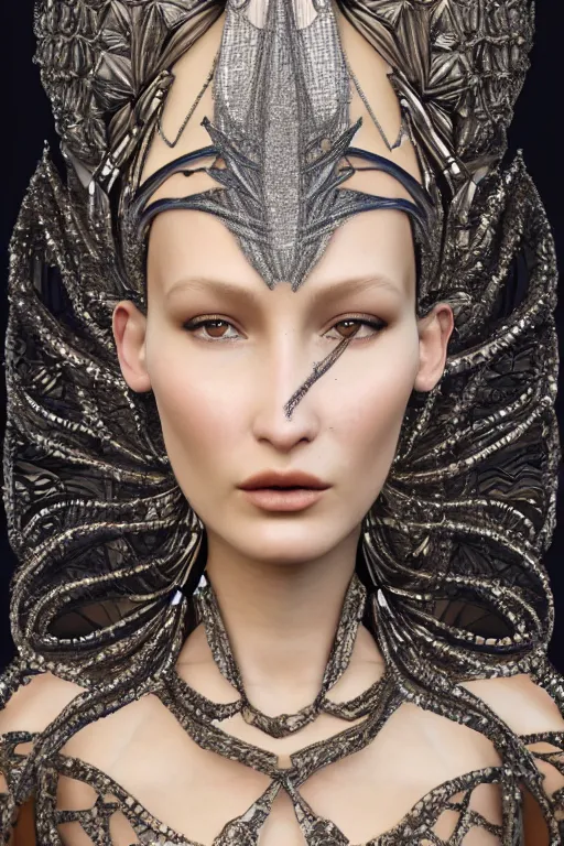 Prompt: a highly detailed portrait of a beautiful alien goddess bella hadid kleopatra in iris van herpen dress in diamonds in style of alphonse mucha art nuvo trending on artstation made in unreal engine 4