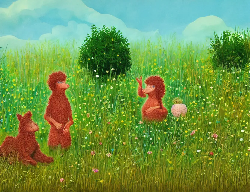 Prompt: feral chia pet in the meadow. russian fairytale art, gouache, dynamic composition, backlighting