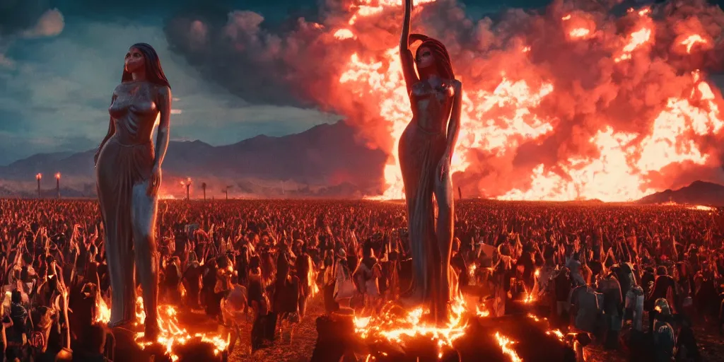 Image similar to realistic cinematic views of a orwellian coachella with fires in the background and dead seagulls falling from the sky in front of the main stage worshipping a large statue of kylie jenner, hyper detailed, terror glows, hyper realistic, digital painting, 8 k, 3 5 mm film grain, octane render