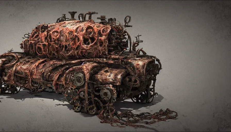 Image similar to Techno-biological rusty panzer T1E1 consisting of tumors, meat, veins, bones, guts, kidneys, wires. Biopunk, body-horror, high detail, photorealism, full length view, very rust, concept art, octane render, 16k, 8k