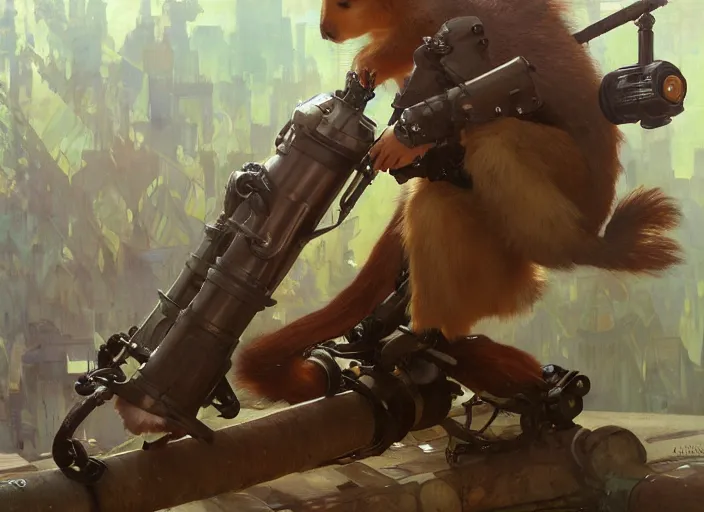 Image similar to a giant squirrel with a giant cannon in his back, exoskeleton, technology, elegant, highly detailed, digital painting, artstation, concept art, smooth, sharp focus, illustration, art by krenz cushart and artem, demura and alphonse mucha