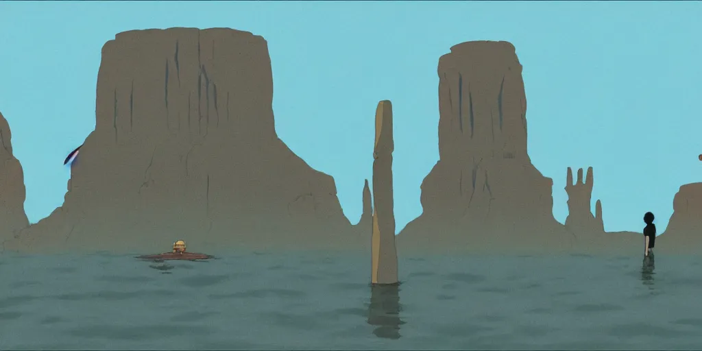 Image similar to a realistic cell - shaded studio ghibli concept art from paprika ( 2 0 0 6 ) of an anthropomorphic dolphin from close encounters of the third kind ( 1 9 7 7 ) in a flooded monument valley stonehenge. a monk in a robe is meditating in the foreground. very dull colors, wide shot, hd, 4 k, hq