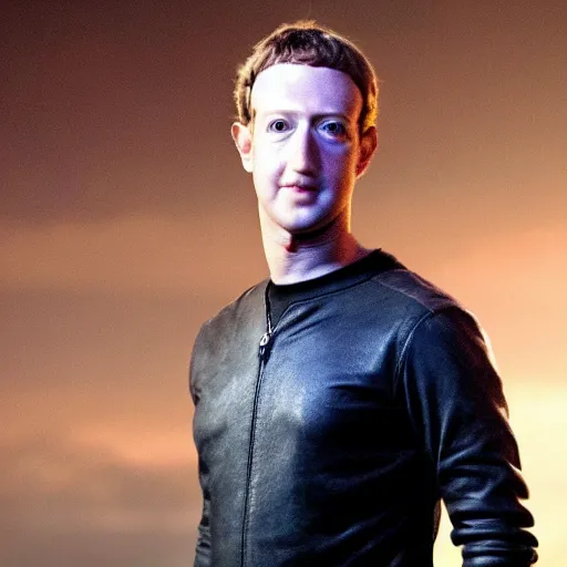 Image similar to Mark Zuckerberg plays Terminator, wearing leather jacket, red eye, VFX film