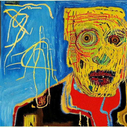 Image similar to portrait of an artificial intelligence painting by van Gogh klimt Jean-Michel Basquiat