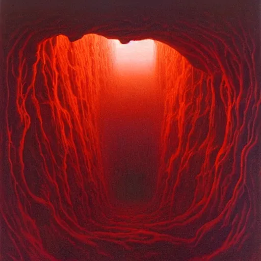 Prompt: ryan reynolds entering a chasm full of unspeakable cosmic horrors, horror, blood red, terrifying atmosphere, atmospheric, by zdzisław beksinski, 8 k