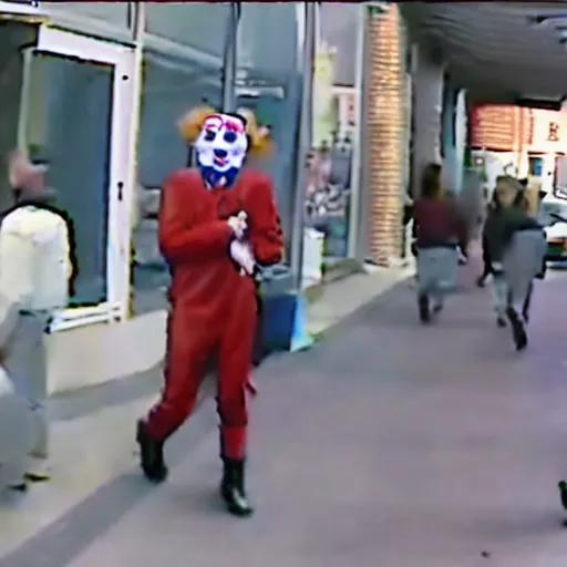Image similar to cctv footage of robbers wearing latex clown masks, 4k, hd, photorealistic