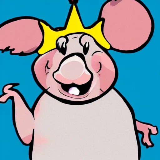 Prompt: 2d cartoon happy pig wearing a gold crown in the style of joe tamponi