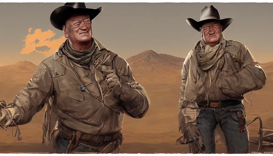 Prompt: John Wayne, cartoon effect, wide view, hyperdetailed, artstation, cgsociety, 8k