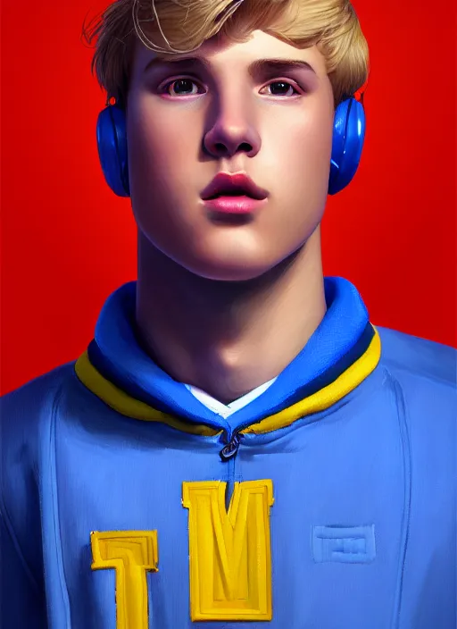 Image similar to portrait of high school senior boy named big moose, blonde short hair, jock, beefy, wide face, square jaw, square facial structure, blue varsity jacket with letter r, intricate, elegant, glowing lights, highly detailed, digital painting, artstation, concept art, sharp focus, illustration, art by wlop, mars ravelo and greg rutkowski