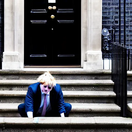 Image similar to Boris Johnson digital painting crying on the naughty step outside downing street 10 with a pool of tears under him, 8k, perfect lighting, high contrast, wide-angle, Nikon mirrorless, sad, brexit, flickr, WLOP