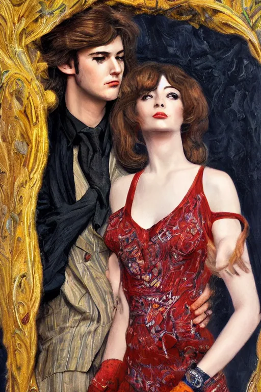 Prompt: a portrait of handsome young male 1960s rock star with long hair and his elegant beautiful 1960s bohemian wife, bored, illustration, dramatic lighting, soft details, painting oil on canvas, art nouveau, octane render, HDR, 4k, 8k, HD, by Edmund Blair Leighton, Brom, Charlie Bowater, trending on artstation, faces by Tom Bagshaw, Sargent